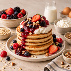 Fluffige Haferflocken-Pancakes mit Hüttenkäse & warmen Beeren